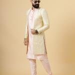 Alluring Pastel Thread Embroidered Cream Open Sherwani with Kurta Pajama Set | Father Son Combo | Jaipurio Collection